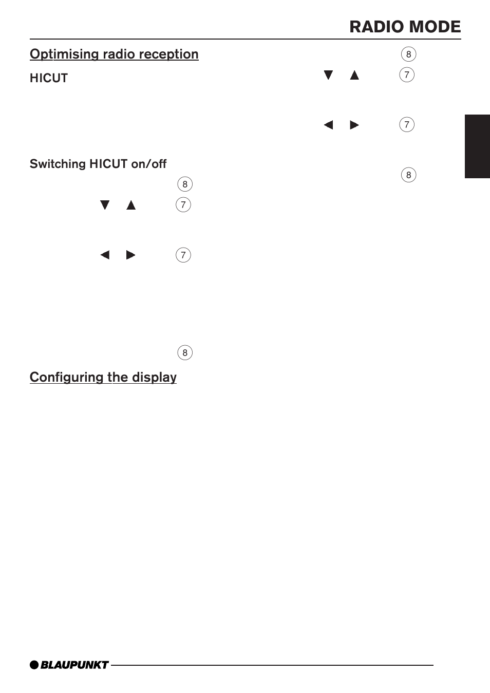 Radio mode, Optimising radio reception, Configuring the display | Blaupunkt BRIGHTON MP35 User Manual | Page 13 / 36