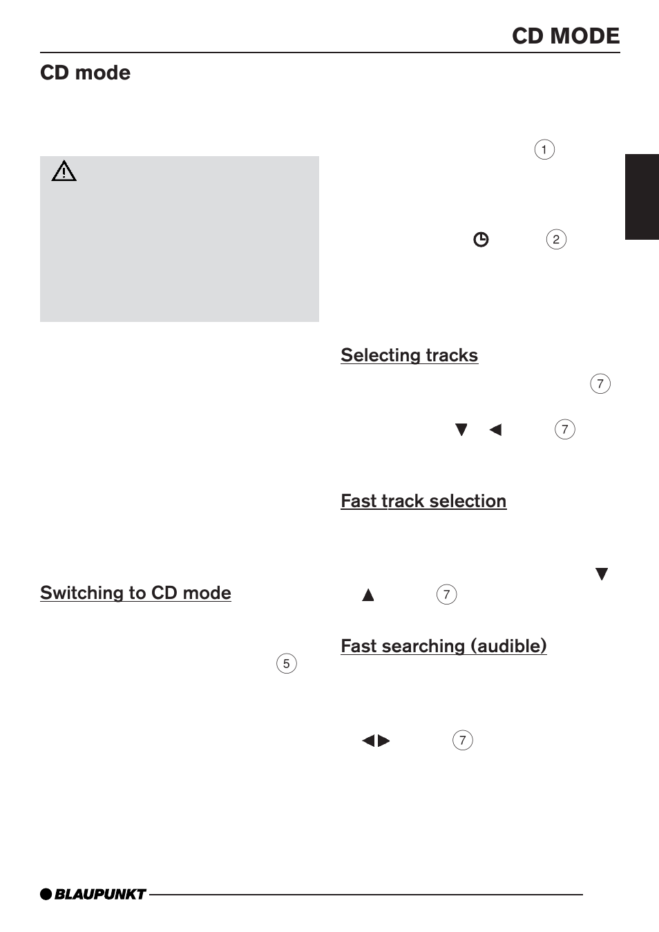 Cd mode, Selecting tracks, Fast track selection | Fast searching (audible), Switching to cd mode | Blaupunkt BRIGHTON MP35 User Manual | Page 15 / 36