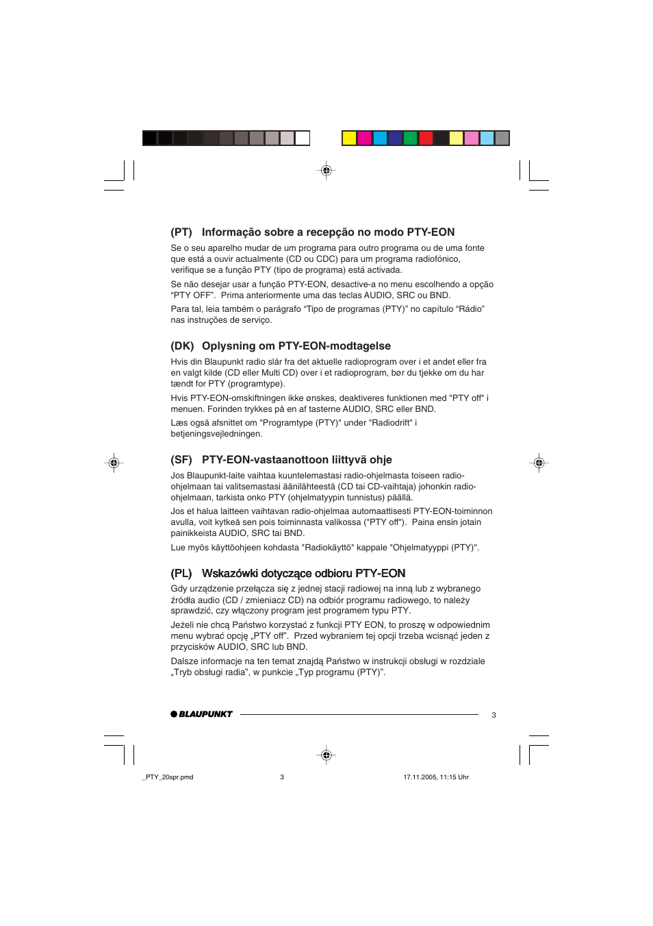 Pt) informação sobre a recepção no modo pty-eon, Dk) oplysning om pty-eon-modtagelse, Sf) pty-eon-vastaanottoon liittyvä ohje | Blaupunkt BRIGHTON MP35 User Manual | Page 33 / 36