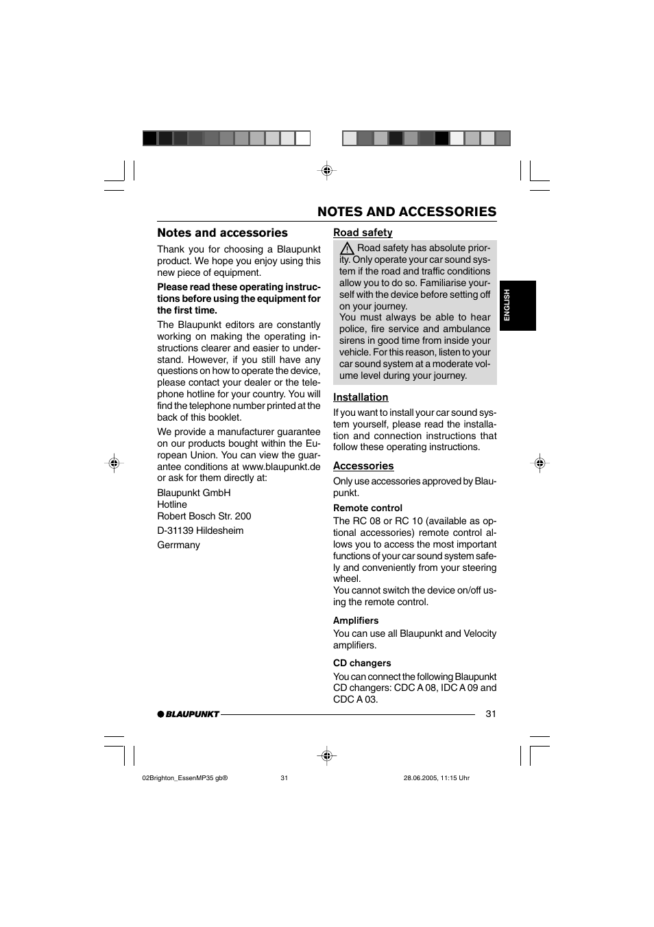 Road safety, Installation, Accessories | Blaupunkt BRIGHTON MP35 User Manual | Page 5 / 36