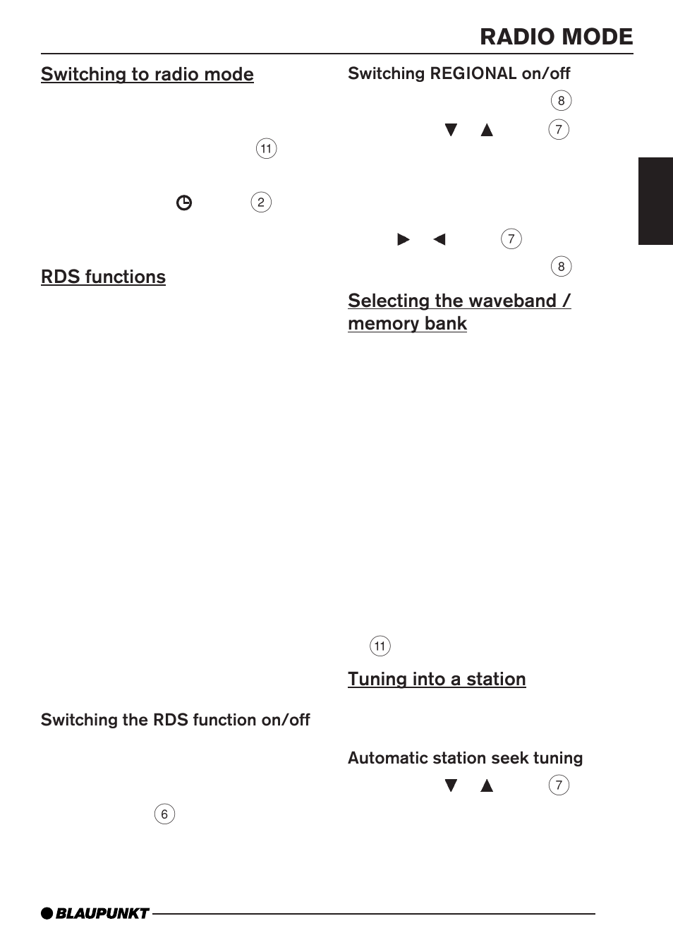 Radio mode, Switching to radio mode, Rds functions | Tuning into a station | Blaupunkt BRIGHTON MP35 User Manual | Page 9 / 36