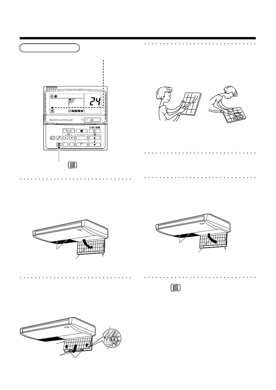 Maintenance, Cleaning of air filter, Open the suction grille | Take out air filter, Soak up dust with a cleaner or clean with wash, Mount the air filter, Close the suction grille, Push, Filter] display disappears | Toshiba RAV-SM560A User Manual | Page 66 / 109