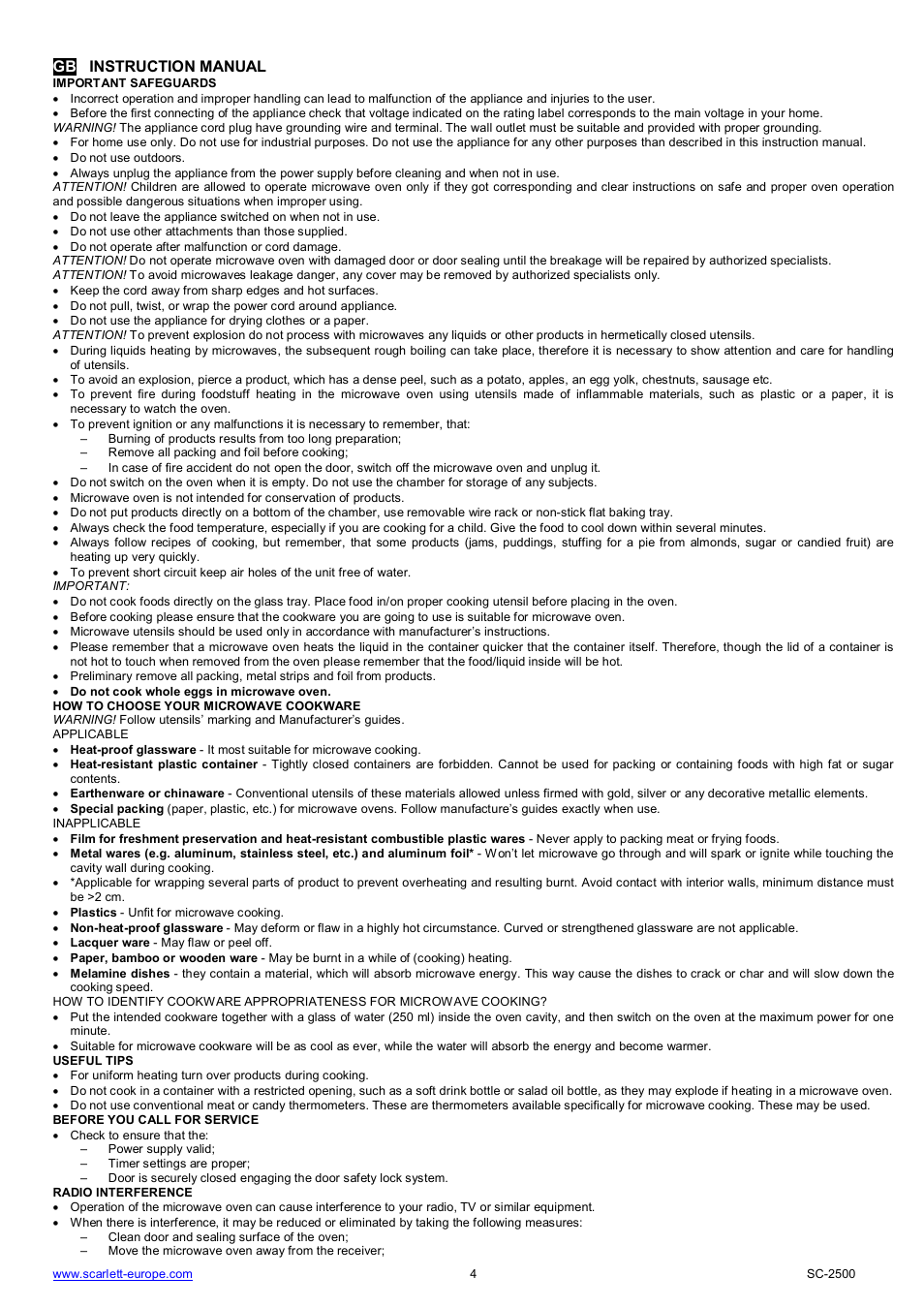 Gb instruction manual | Scarlett SC-2500 User Manual | Page 4 / 48
