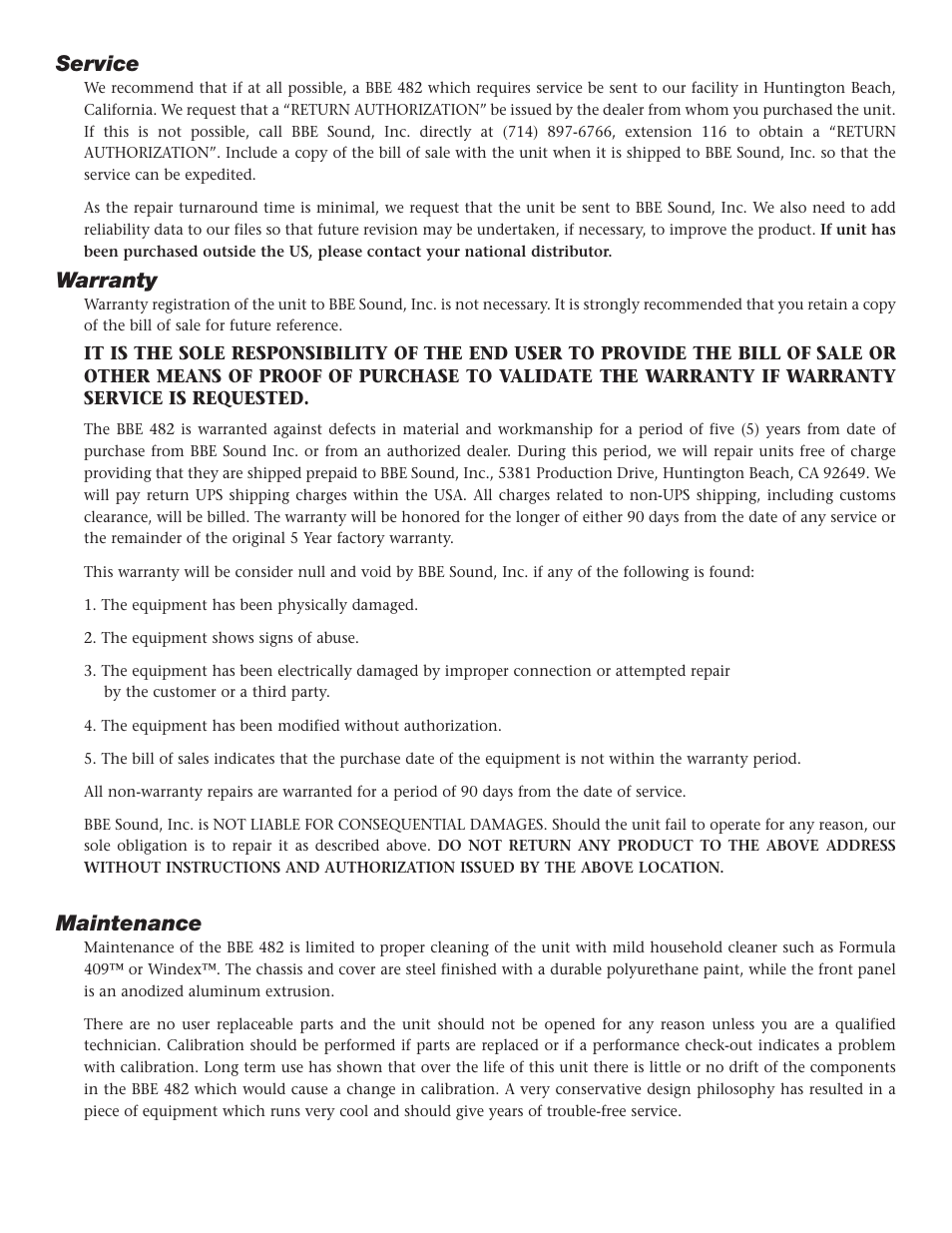 Service, Warranty, Maintenance | BBE 482 User Manual | Page 12 / 20