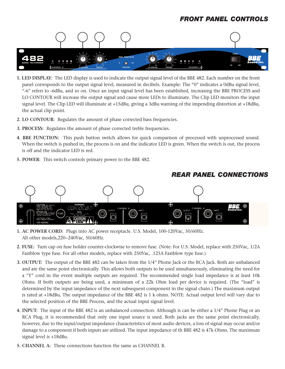 Rear panel connections, Front panel controls | BBE 482 User Manual | Page 5 / 20