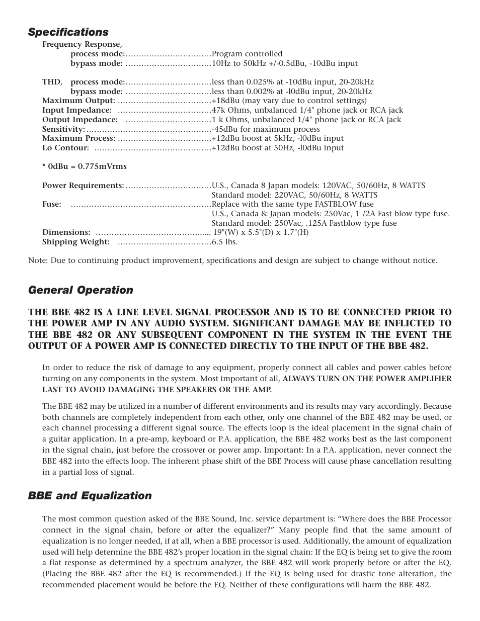 Specifications, General operation, Bbe and equalization | BBE 482 User Manual | Page 6 / 20