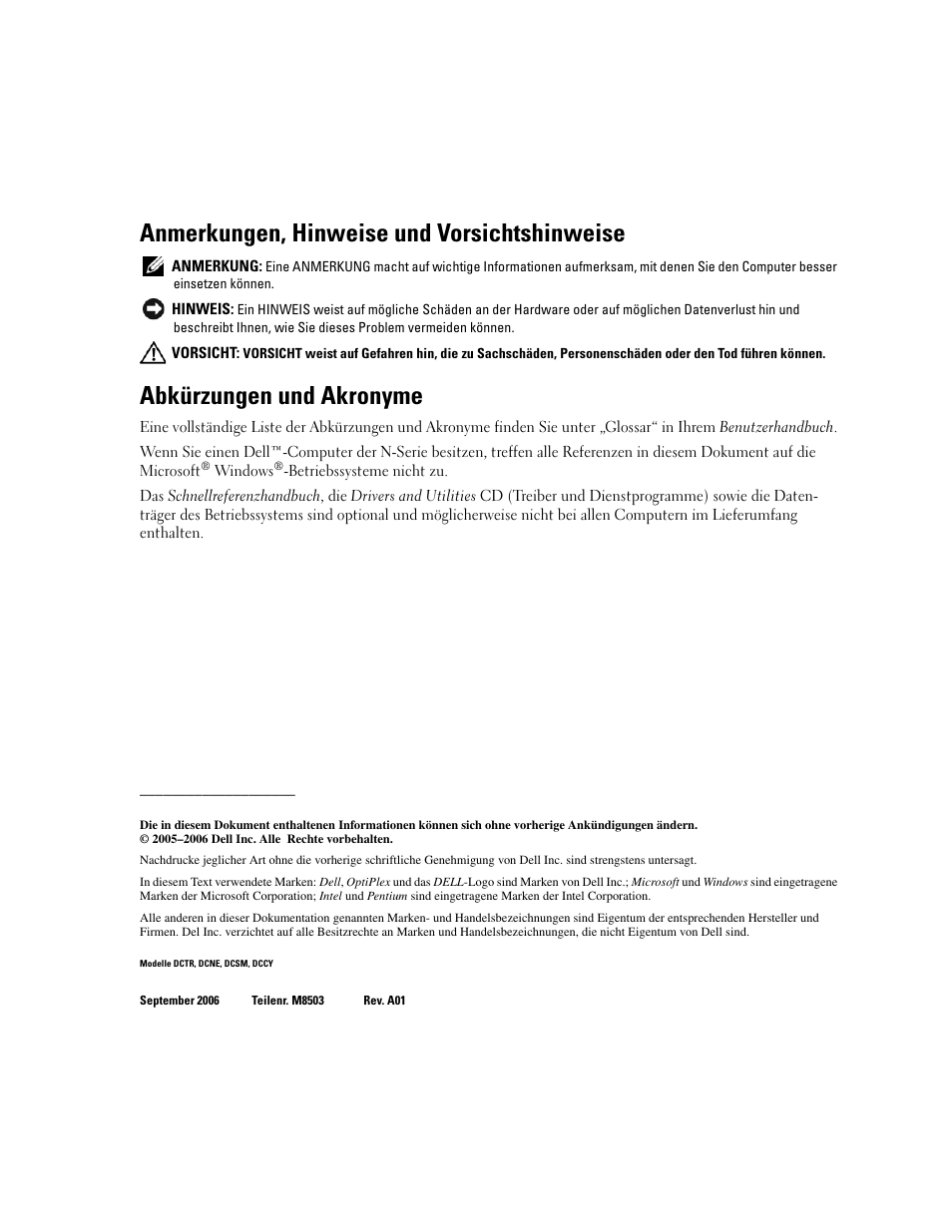 Anmerkungen, hinweise und vorsichtshinweise, Abkürzungen und akronyme | Dell OptiPlex GX620 User Manual | Page 100 / 294