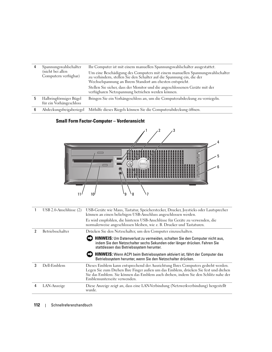 Small form factor-computer - vorderansicht, Small form factor-computer – vorderansicht | Dell OptiPlex GX620 User Manual | Page 112 / 294