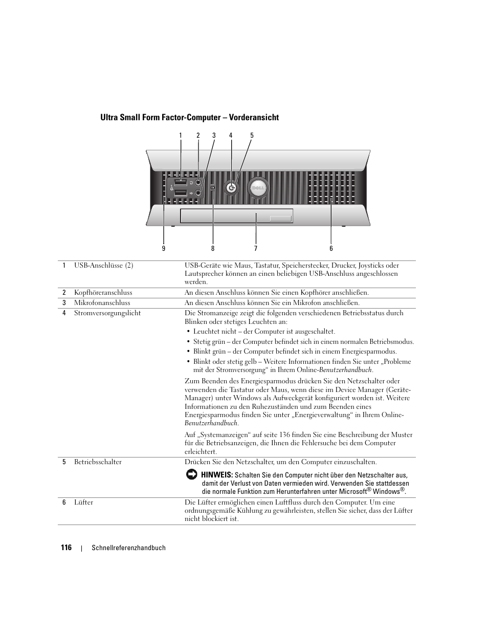 Ultra small form factor-computer - vorderansicht, Ultra small form factor-computer – vorderansicht | Dell OptiPlex GX620 User Manual | Page 116 / 294