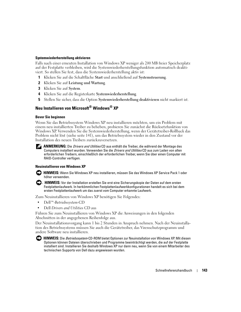 Neu installieren von microsoft® windows® xp, Neu installieren von microsoft | Dell OptiPlex GX620 User Manual | Page 143 / 294