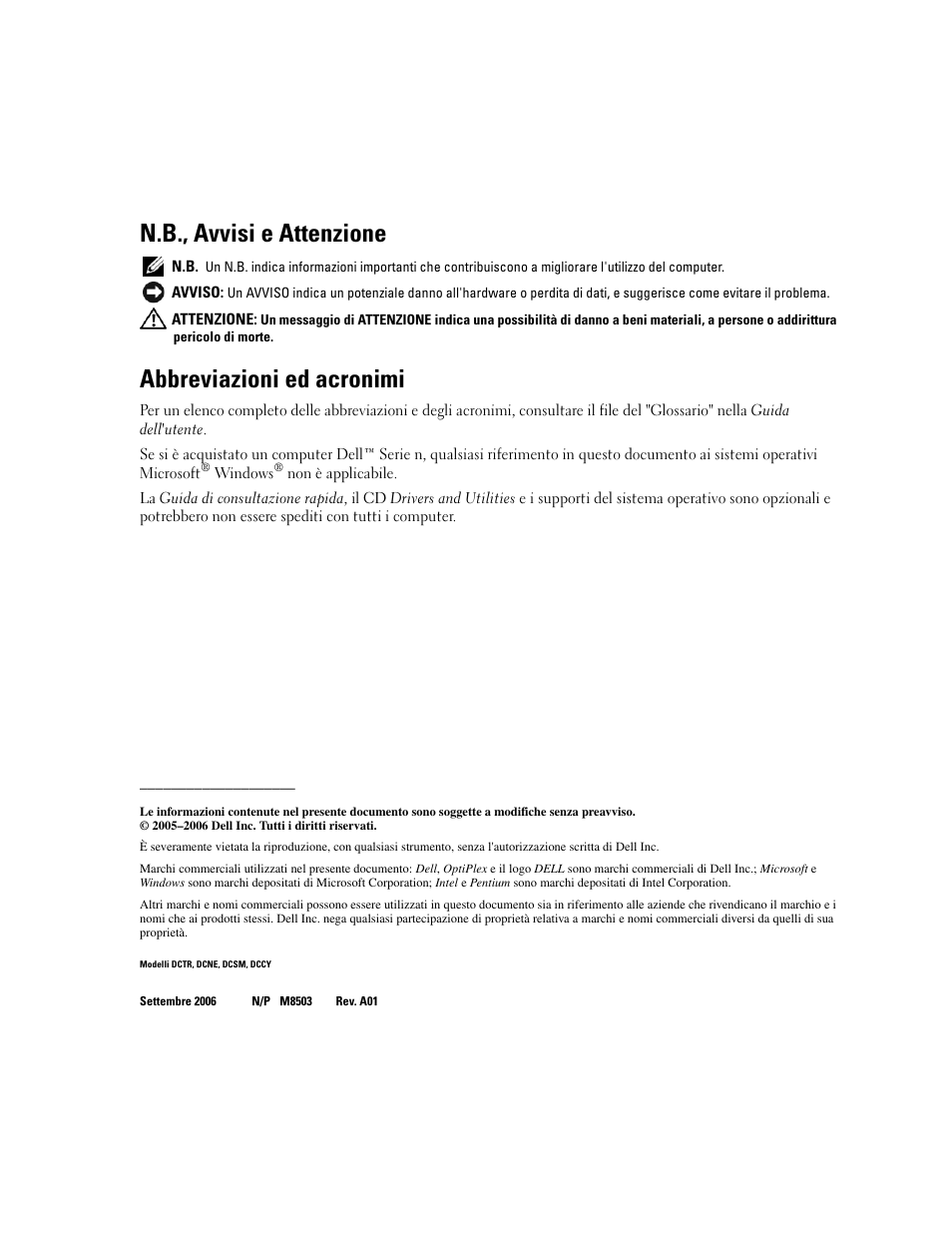 N.b., avvisi e attenzione, Abbreviazioni ed acronimi | Dell OptiPlex GX620 User Manual | Page 150 / 294