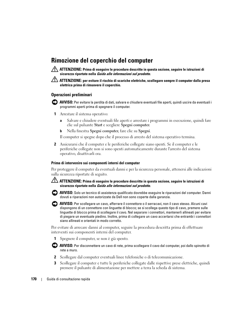 Rimozione del coperchio del computer, Operazioni preliminari | Dell OptiPlex GX620 User Manual | Page 170 / 294