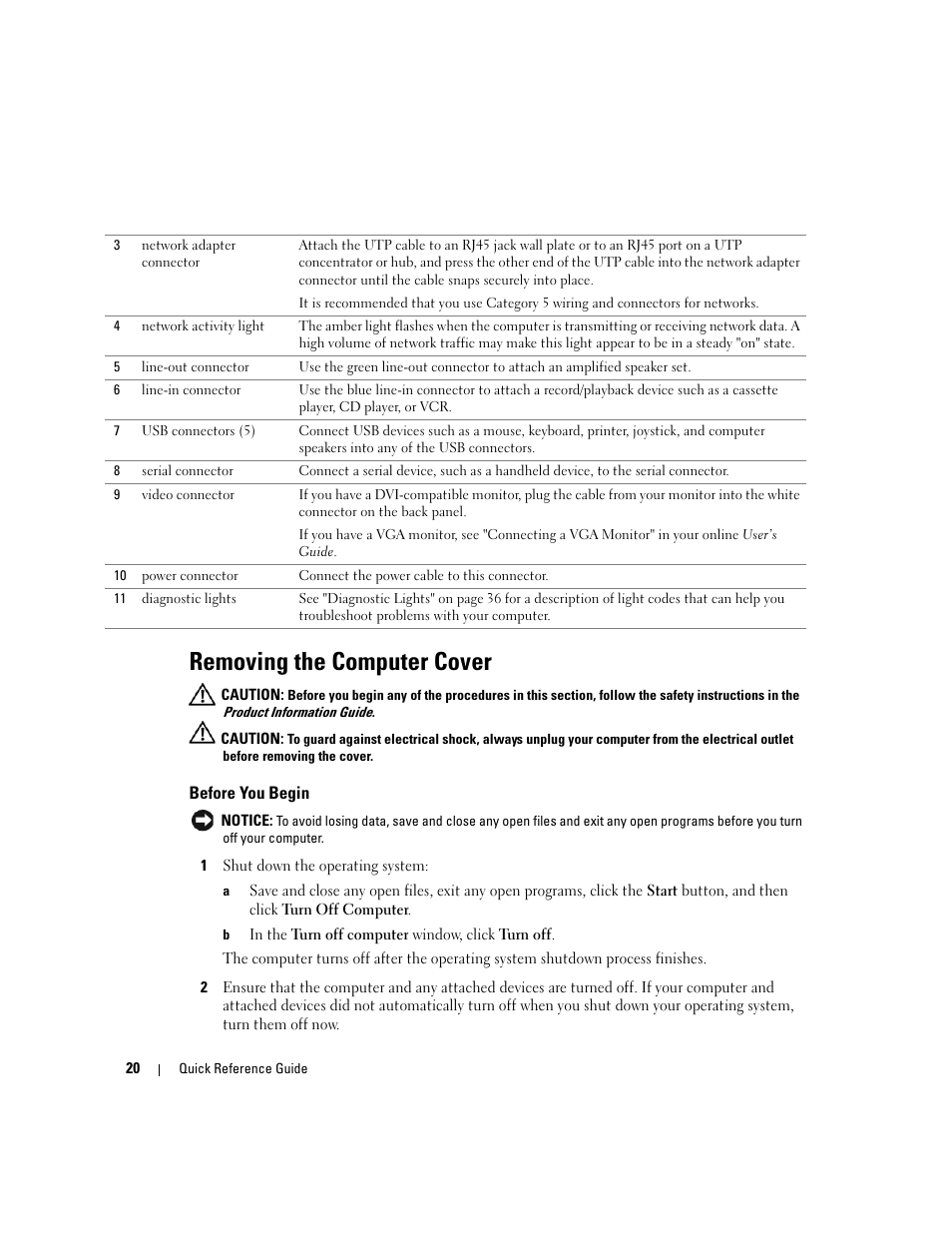 Removing the computer cover, Before you begin | Dell OptiPlex GX620 User Manual | Page 20 / 294