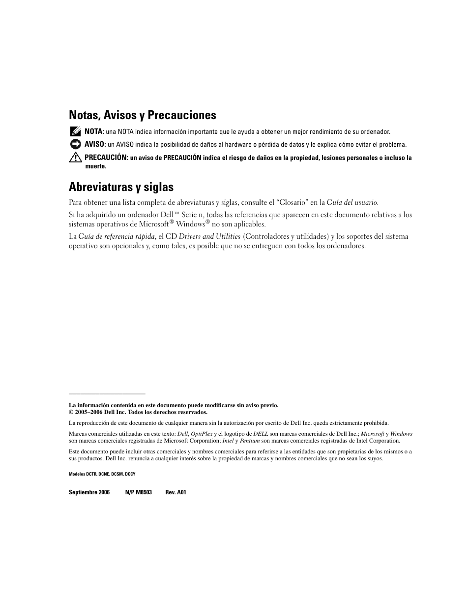 Notas, avisos y precauciones, Abreviaturas y siglas | Dell OptiPlex GX620 User Manual | Page 200 / 294