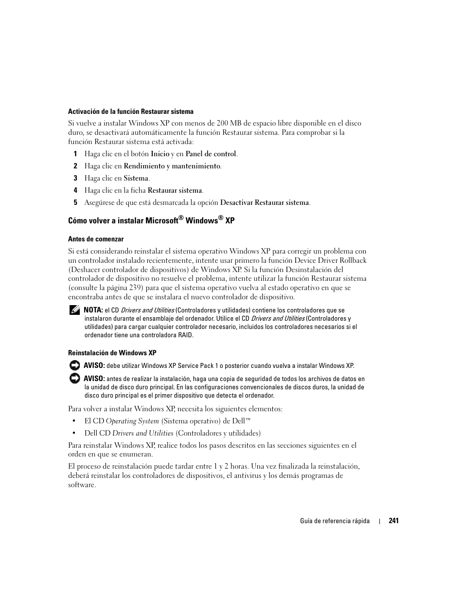 Cómo volver a instalar microsoft® windows® xp, Cómo volver a instalar microsoft | Dell OptiPlex GX620 User Manual | Page 241 / 294