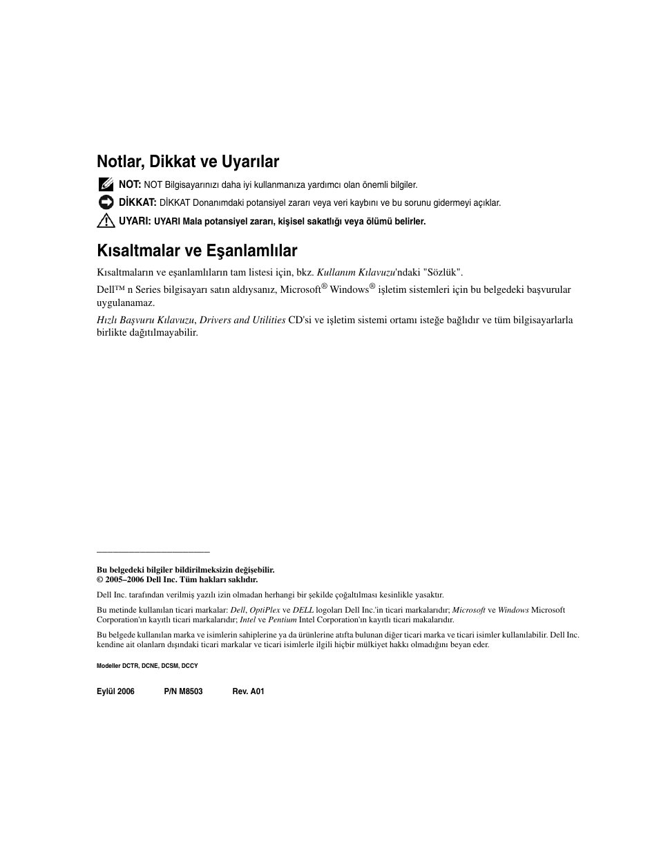 Notlar, dikkat ve uyarılar, Kısaltmalar ve e ş anlamlılar | Dell OptiPlex GX620 User Manual | Page 248 / 294
