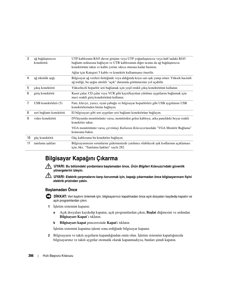 Bilgisayar kapağını çıkarma, Ba lamadan önce, Bilgisayar kapa | Ğ ını çıkarma, Şlamadan önce, Bilgisayar kapa ğ ını çıkarma | Dell OptiPlex GX620 User Manual | Page 266 / 294