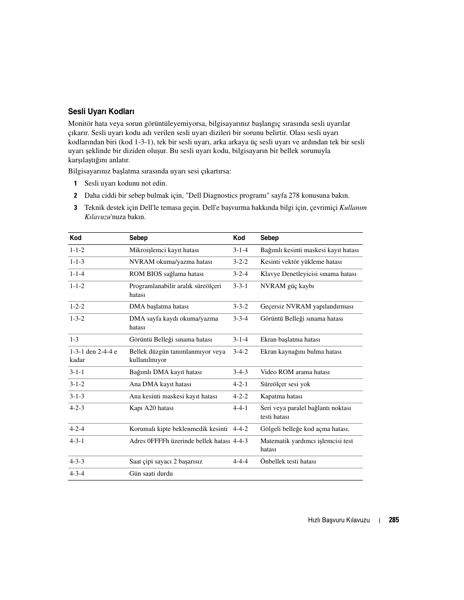 Sesli uyarı kodları, Sesli uyarı kodları" sayfa 285 konusuna | Dell OptiPlex GX620 User Manual | Page 285 / 294