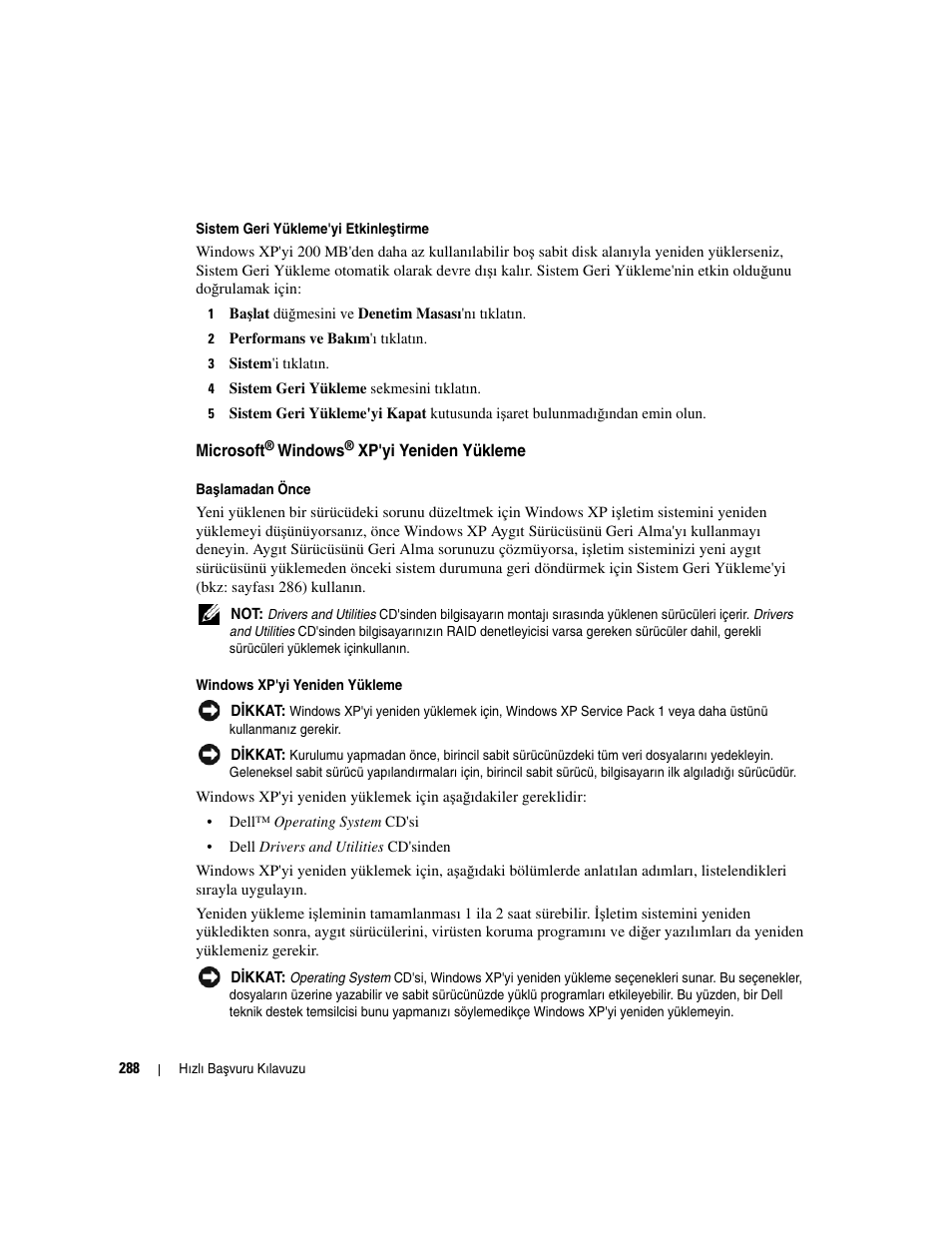 Microsoft® windows® xp'yi yeniden yükleme, Microsoft | Dell OptiPlex GX620 User Manual | Page 288 / 294