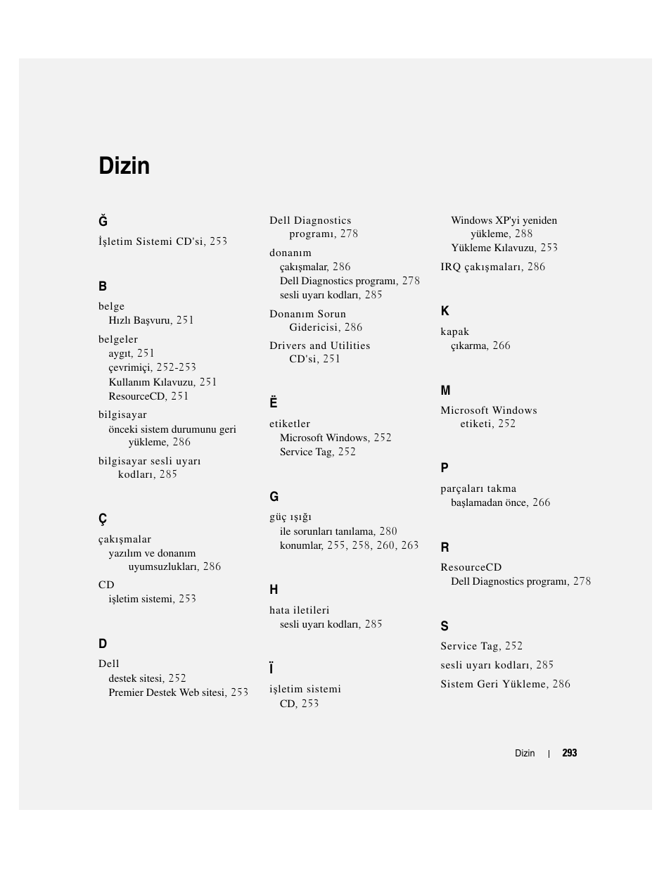 Dizin | Dell OptiPlex GX620 User Manual | Page 293 / 294