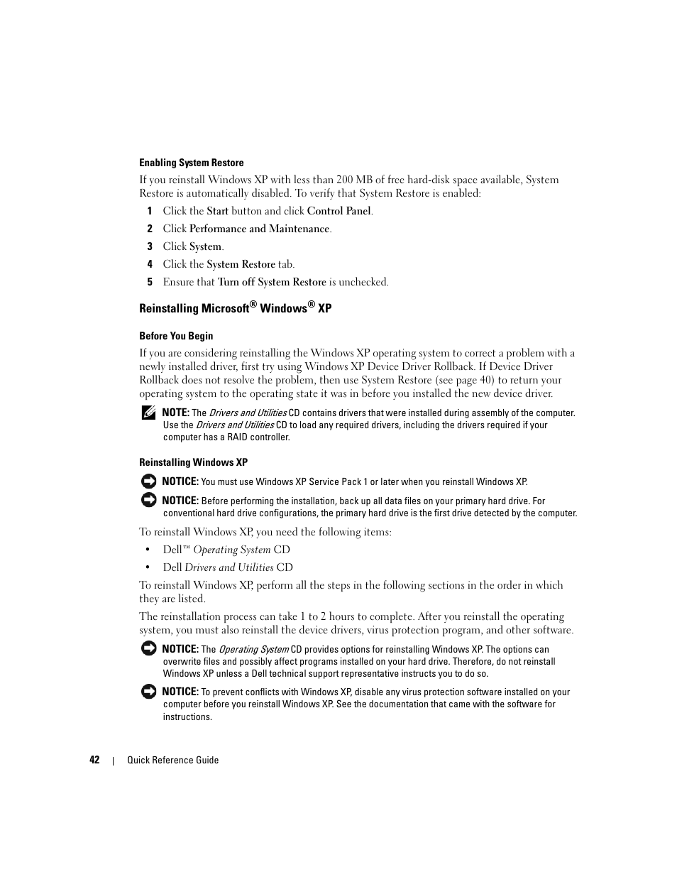 Reinstalling microsoft® windows® xp, Reinstalling microsoft | Dell OptiPlex GX620 User Manual | Page 42 / 294