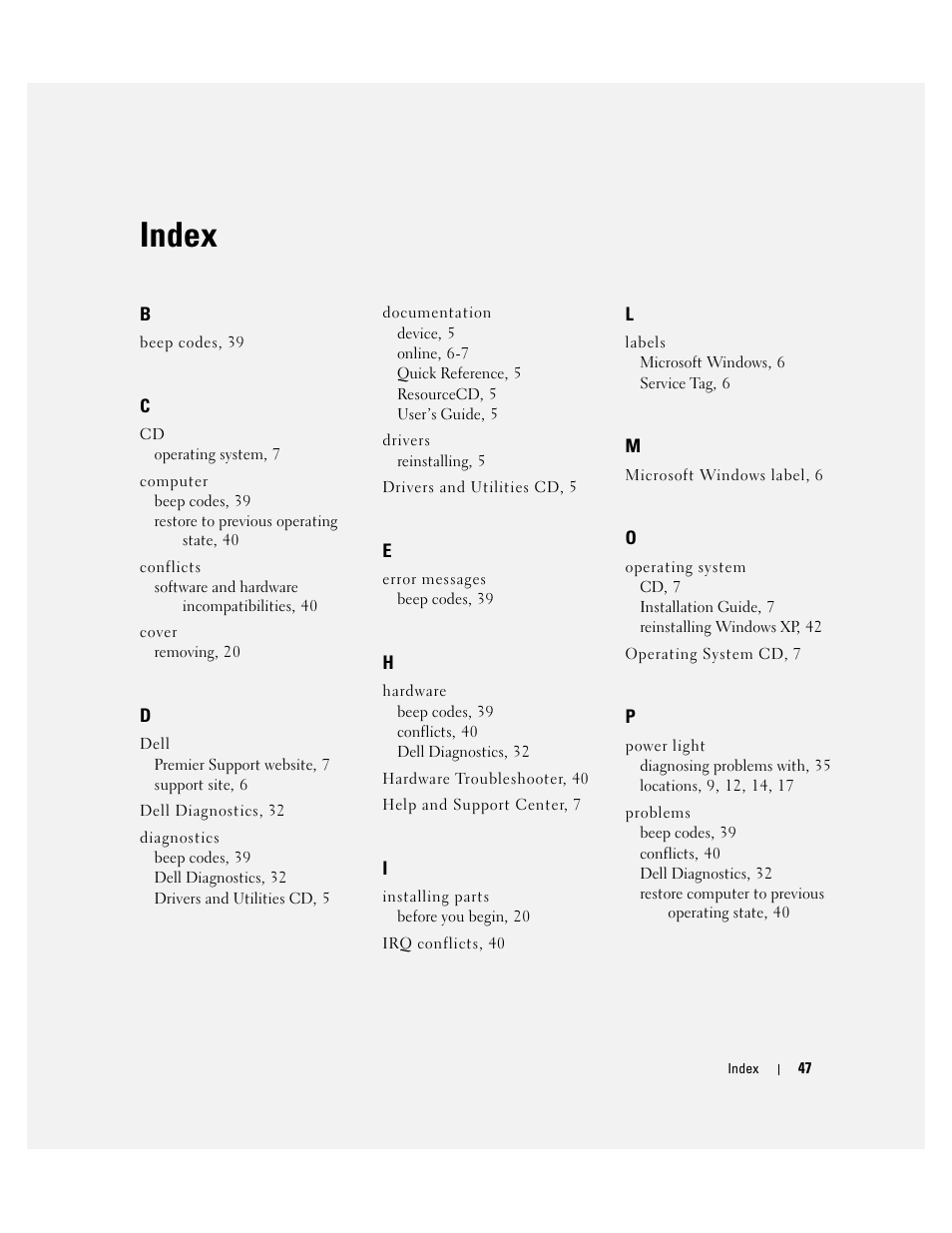 Index | Dell OptiPlex GX620 User Manual | Page 47 / 294
