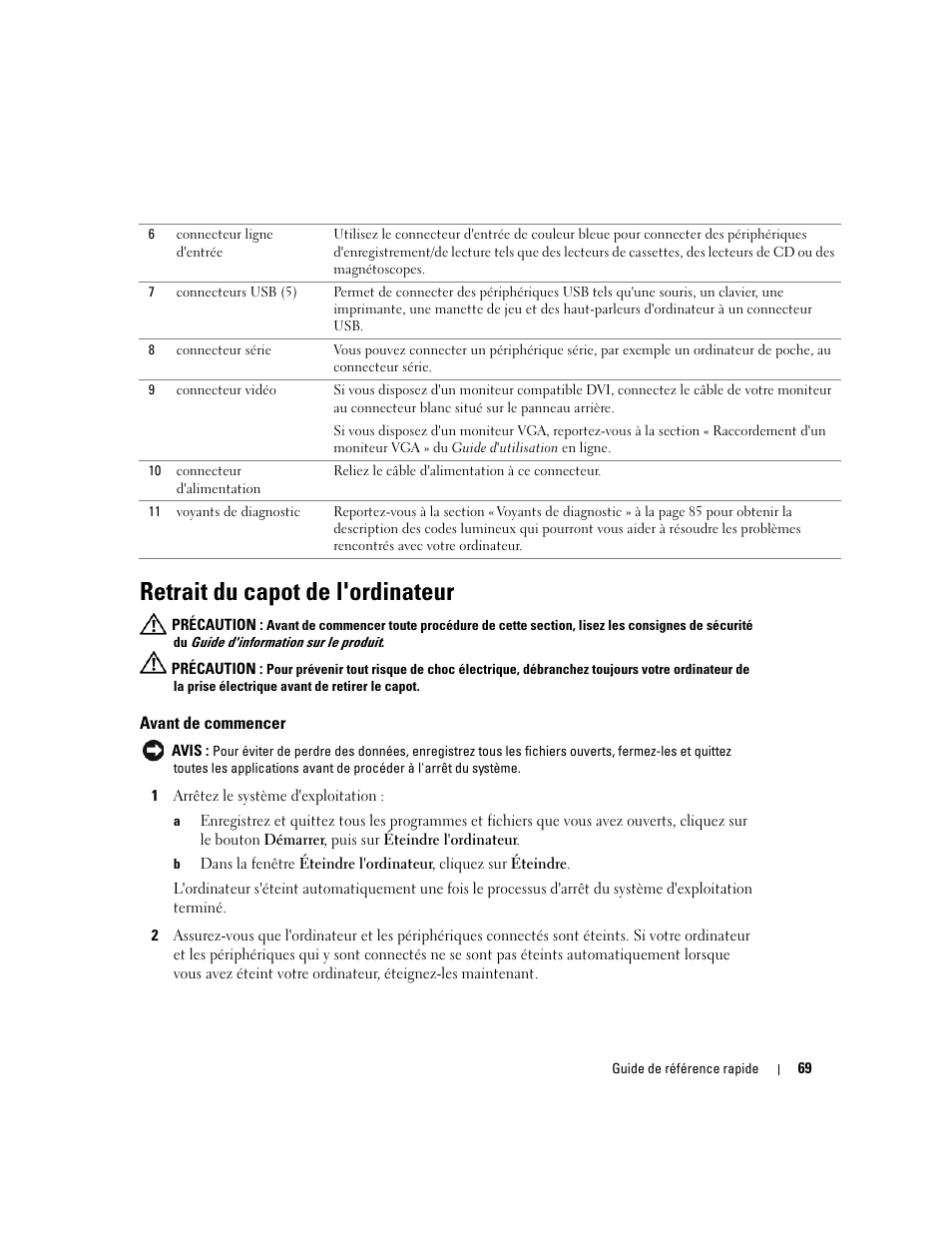 Retrait du capot de l'ordinateur, Avant de commencer | Dell OptiPlex GX620 User Manual | Page 69 / 294