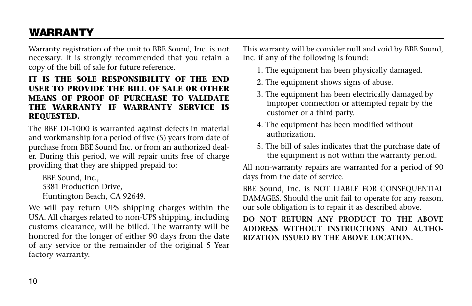 Warranty | BBE DI-1000 User Manual | Page 10 / 12