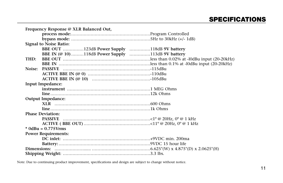 Specifications | BBE DI-1000 User Manual | Page 11 / 12