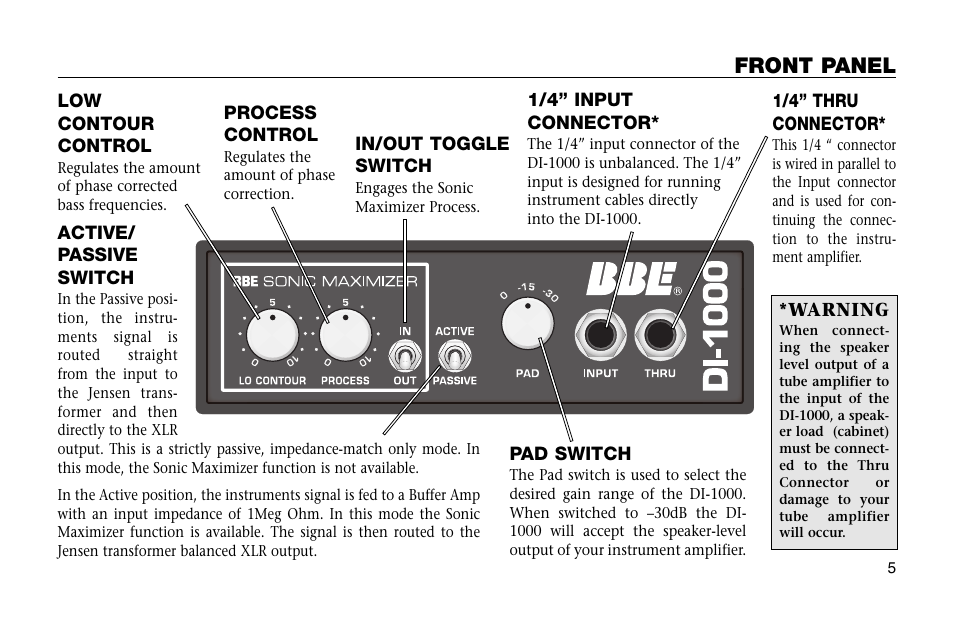 Front panel | BBE DI-1000 User Manual | Page 5 / 12