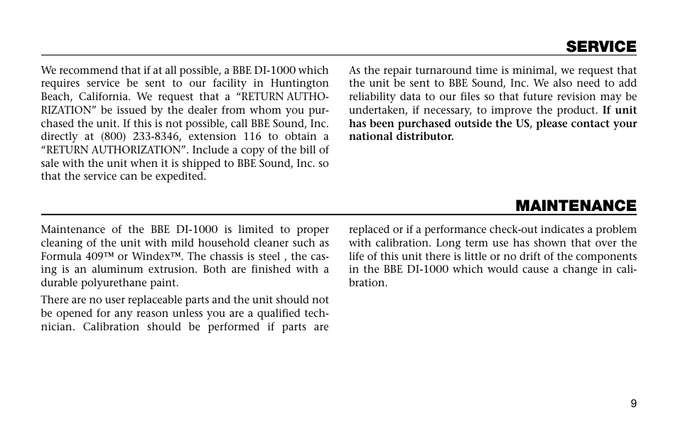 Service, Maintenance | BBE DI-1000 User Manual | Page 9 / 12