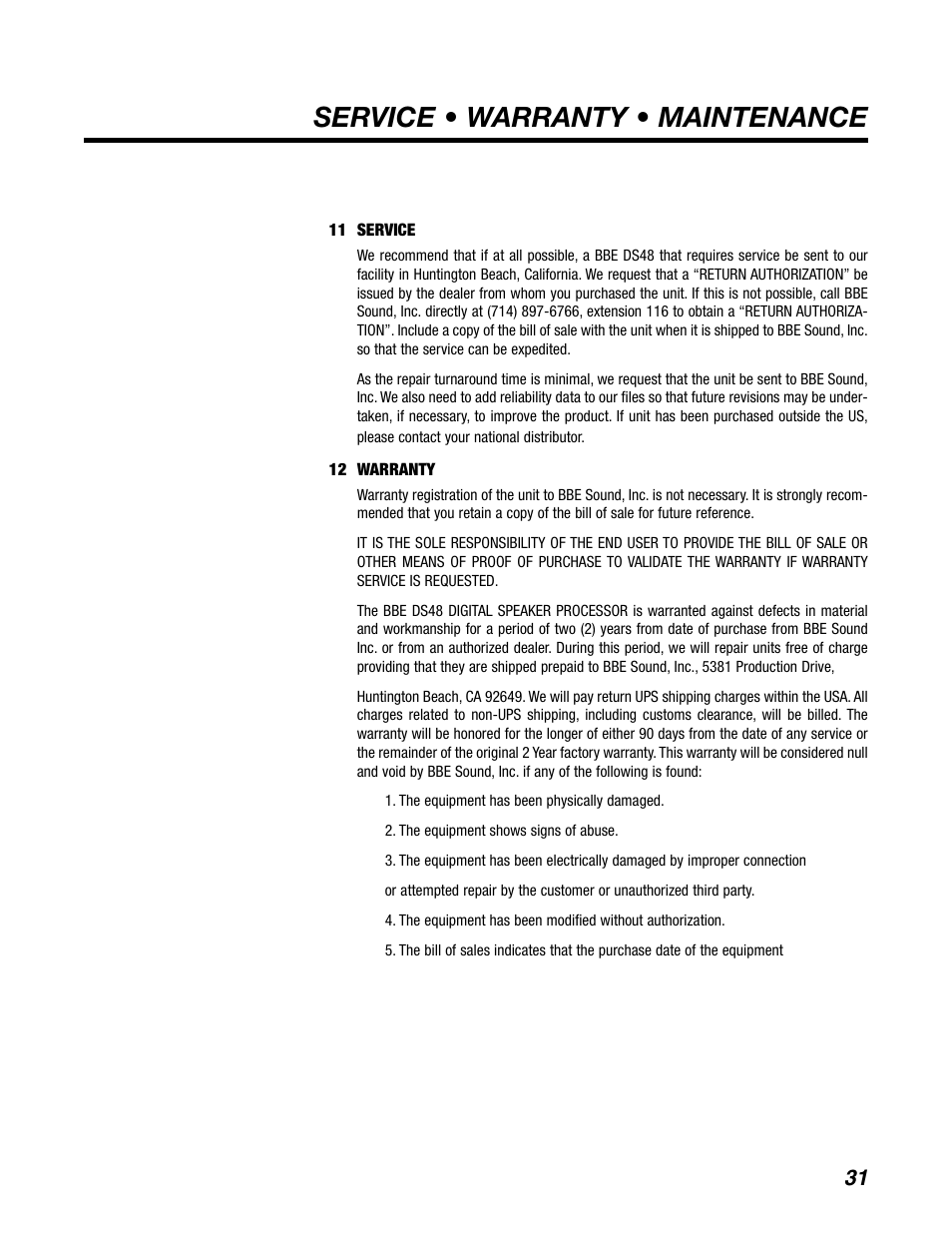 Service • warranty • maintenance | BBE DS48 User Manual | Page 37 / 39