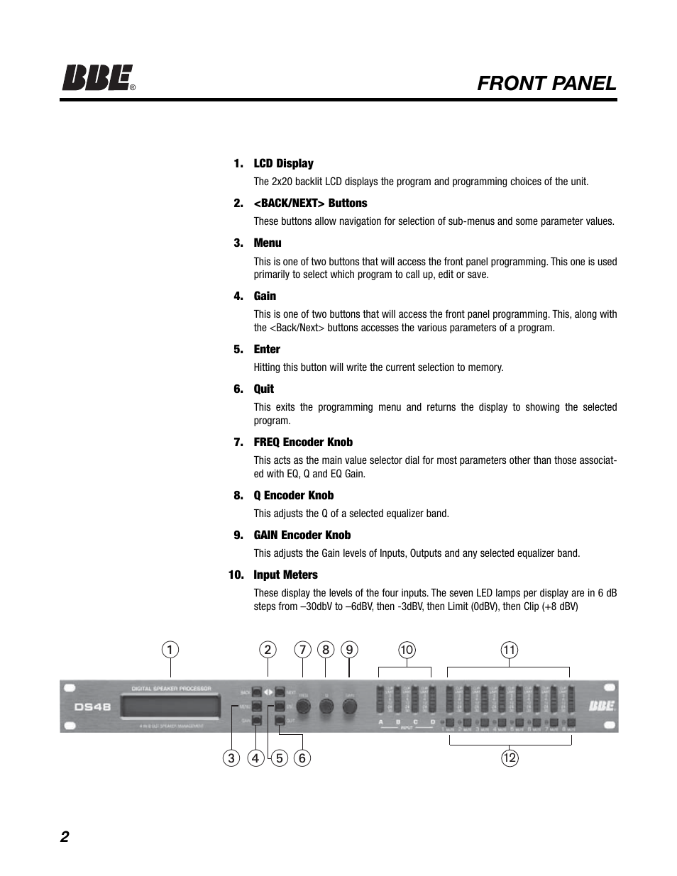 Front panel | BBE DS48 User Manual | Page 8 / 39