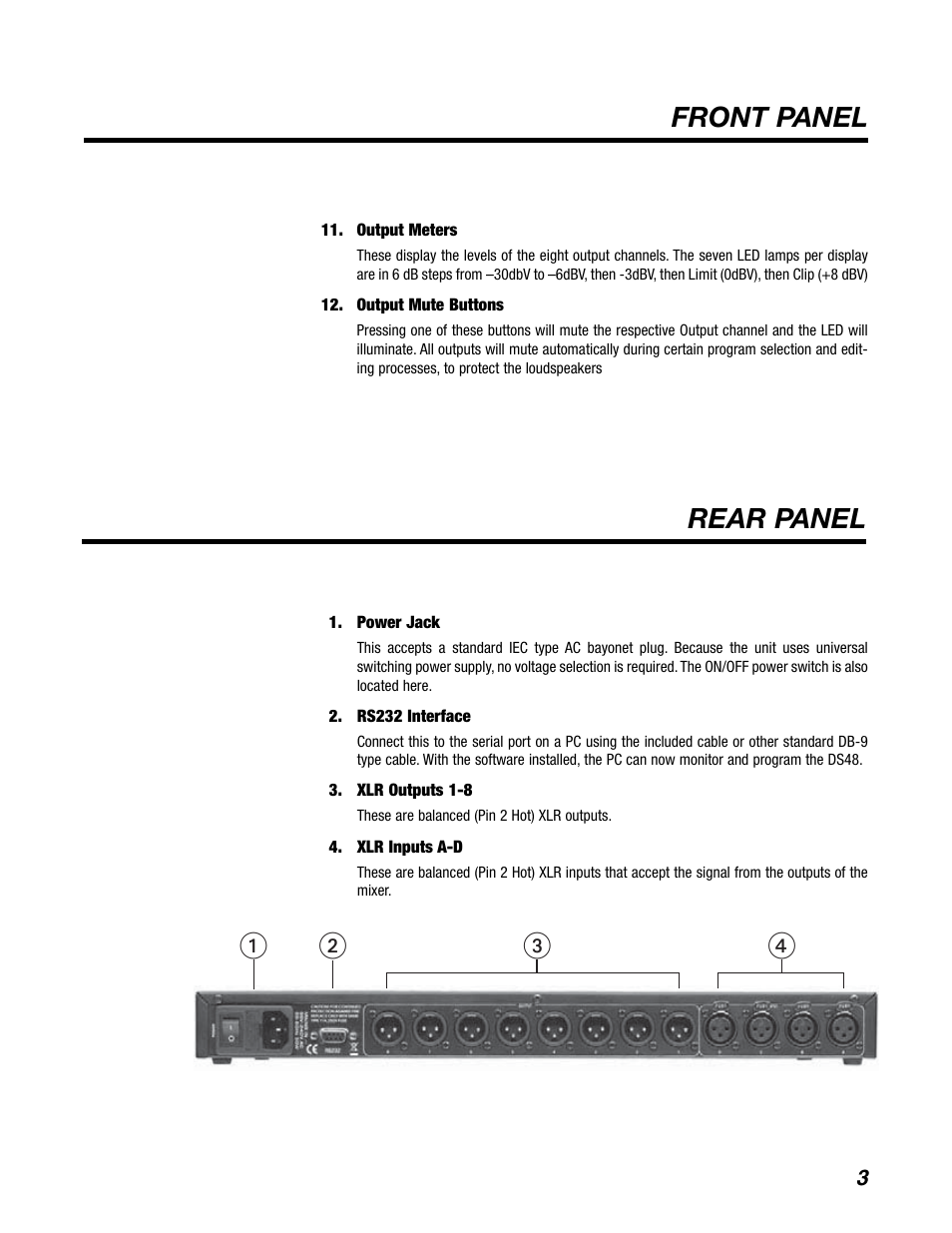 Front panel, Rear panel, ᕃᕄ ᕅ ᕆ | BBE DS48 User Manual | Page 9 / 39