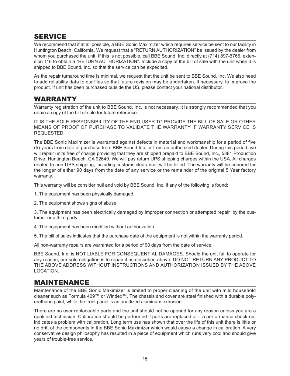 Service, Warranty, Maintenance | BBE 482i User Manual | Page 15 / 16