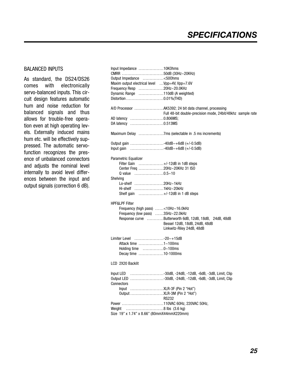 Specifications | BBE DS26 User Manual | Page 31 / 34