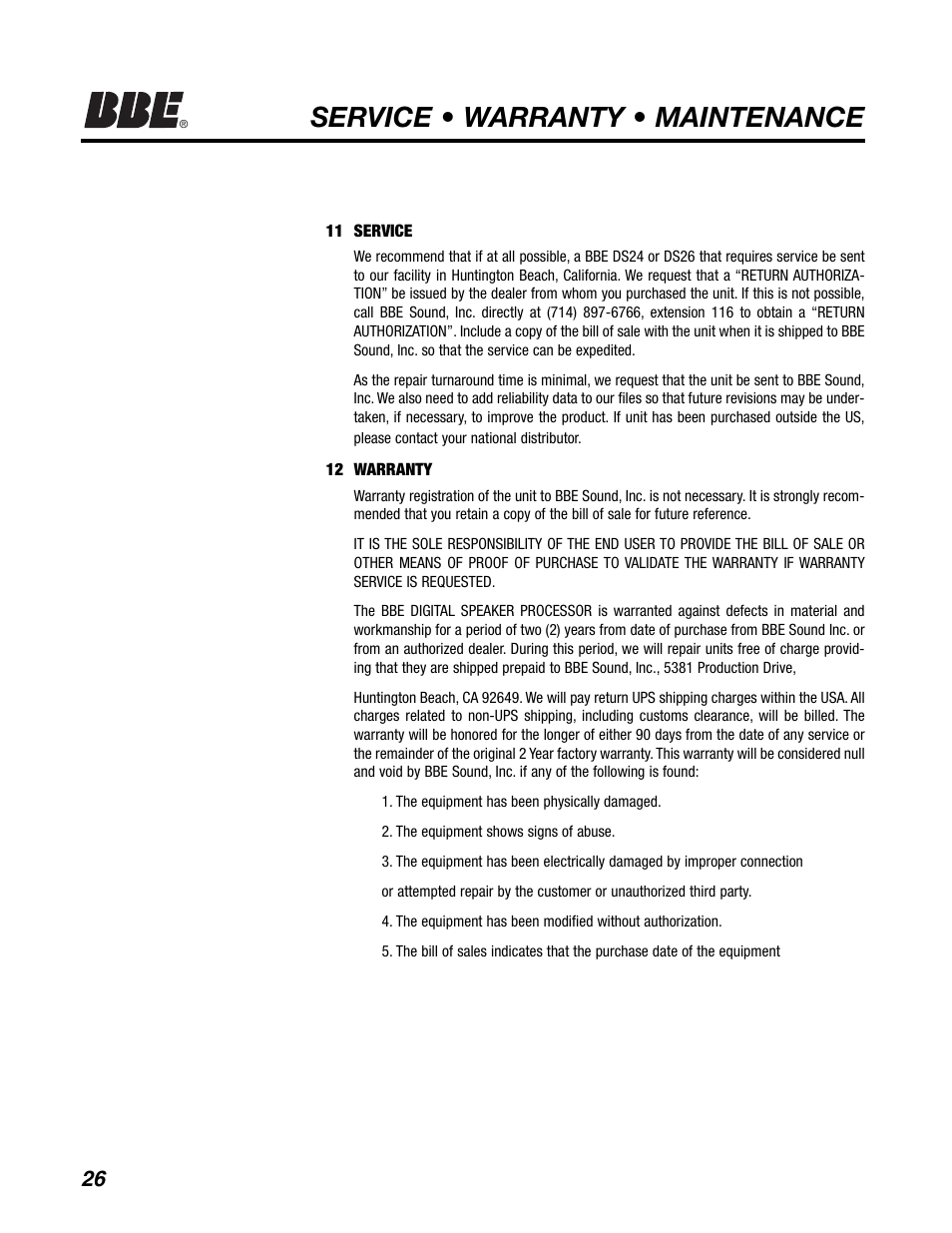 Service • warranty • maintenance | BBE DS26 User Manual | Page 32 / 34
