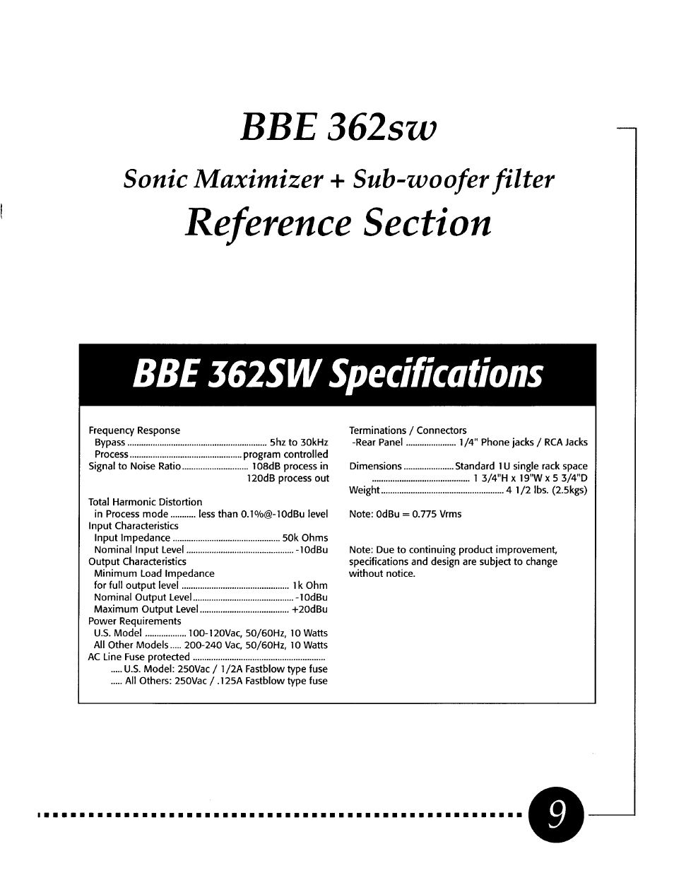 Bbe 362sw, Reference section, Bbe 362sw specifications | Sonic maximizer + sub-ivoofer filter | BBE 362SW User Manual | Page 11 / 20