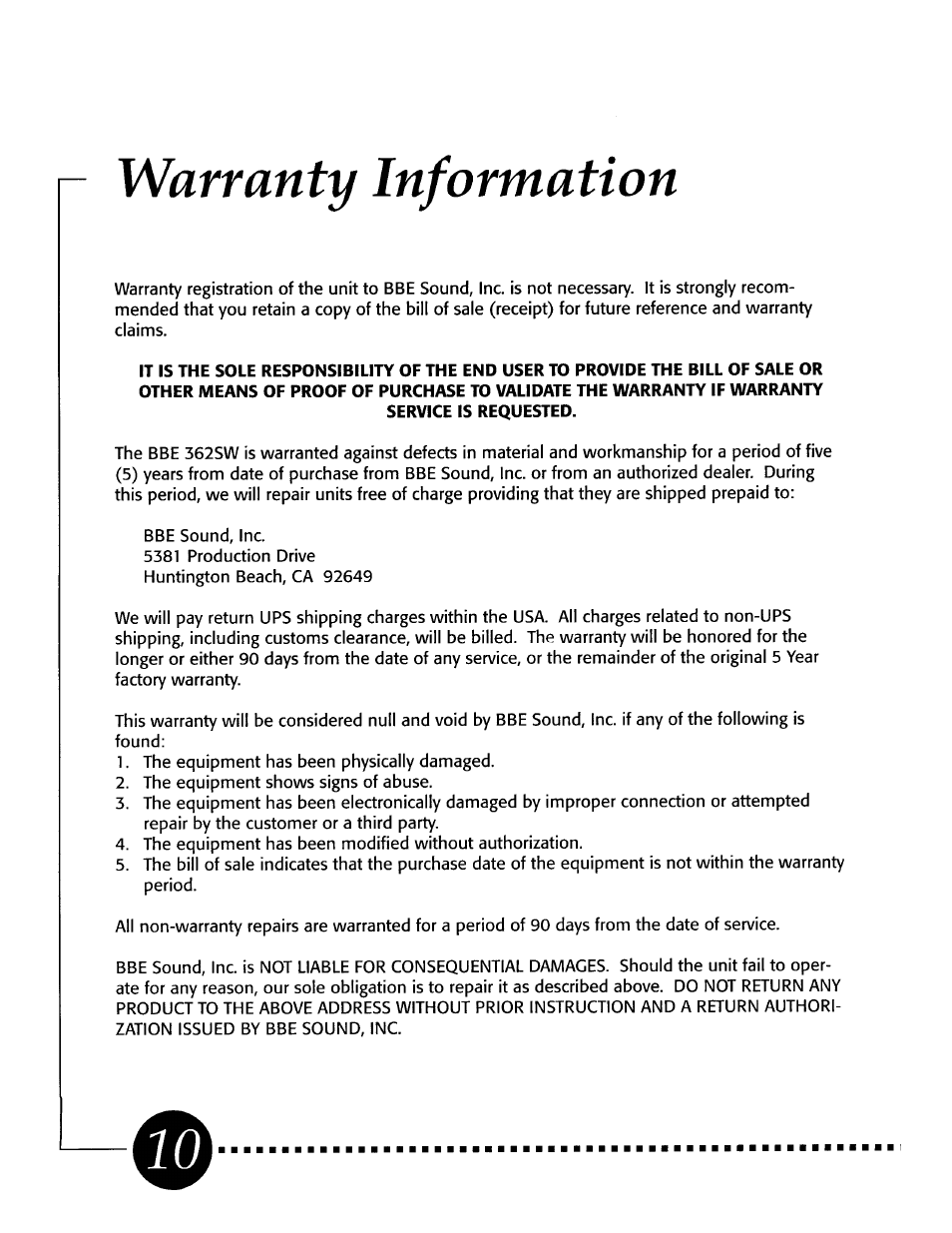 Warranty information, Service is requested | BBE 362SW User Manual | Page 12 / 20