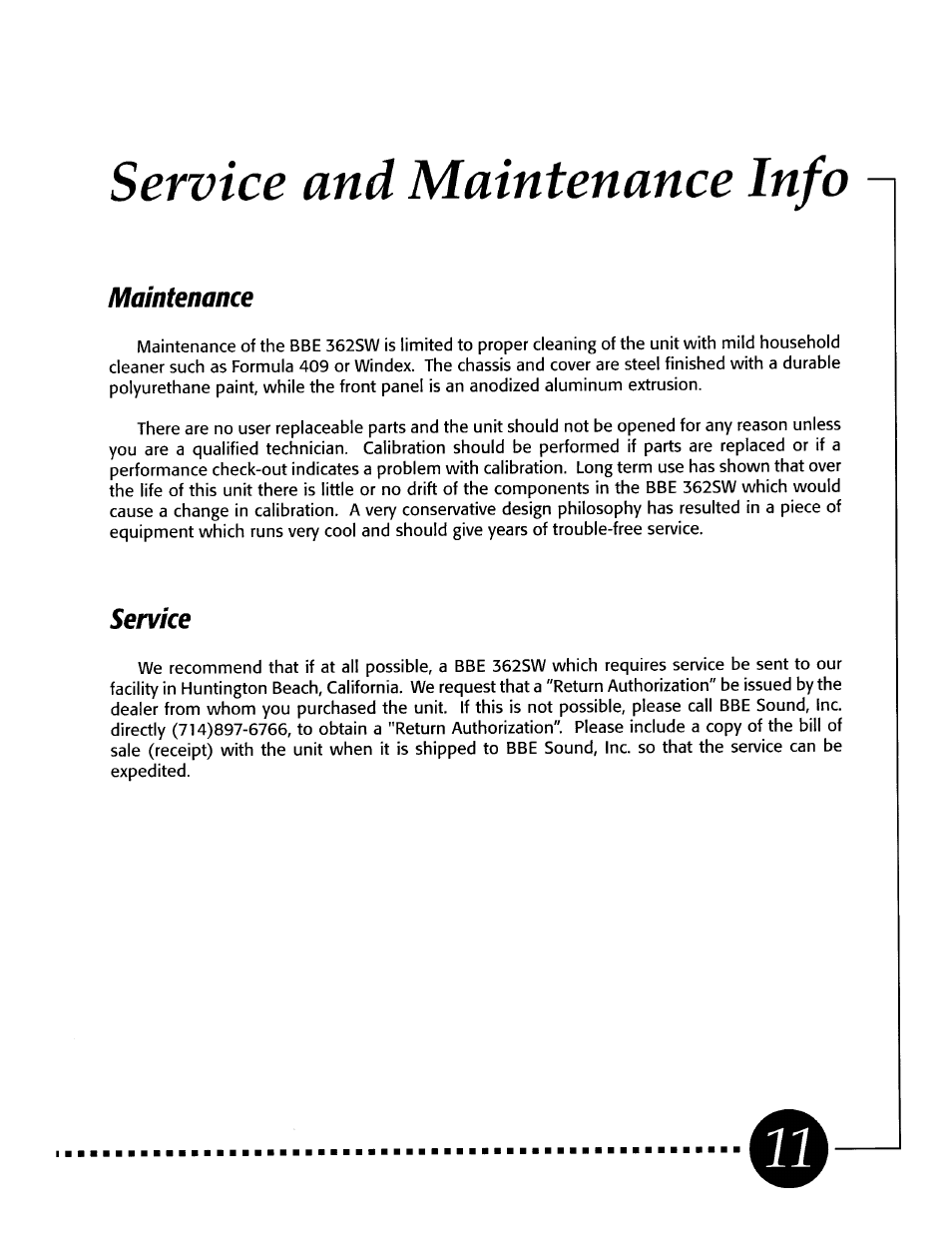 Service and maintenance info, Maintenance, Service | BBE 362SW User Manual | Page 13 / 20