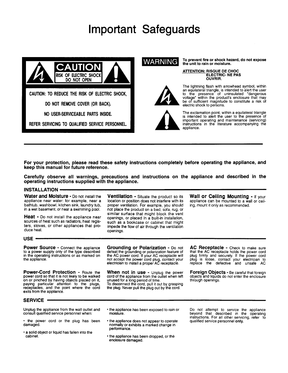 Important safeguards, Risk of electric shock do not open, No user-serviceable parts inside | Refer servicing to qualified service personnel, Installation, Grounding or poiarization - do not, Service, Caution, Warning | BBE 362SW User Manual | Page 2 / 20