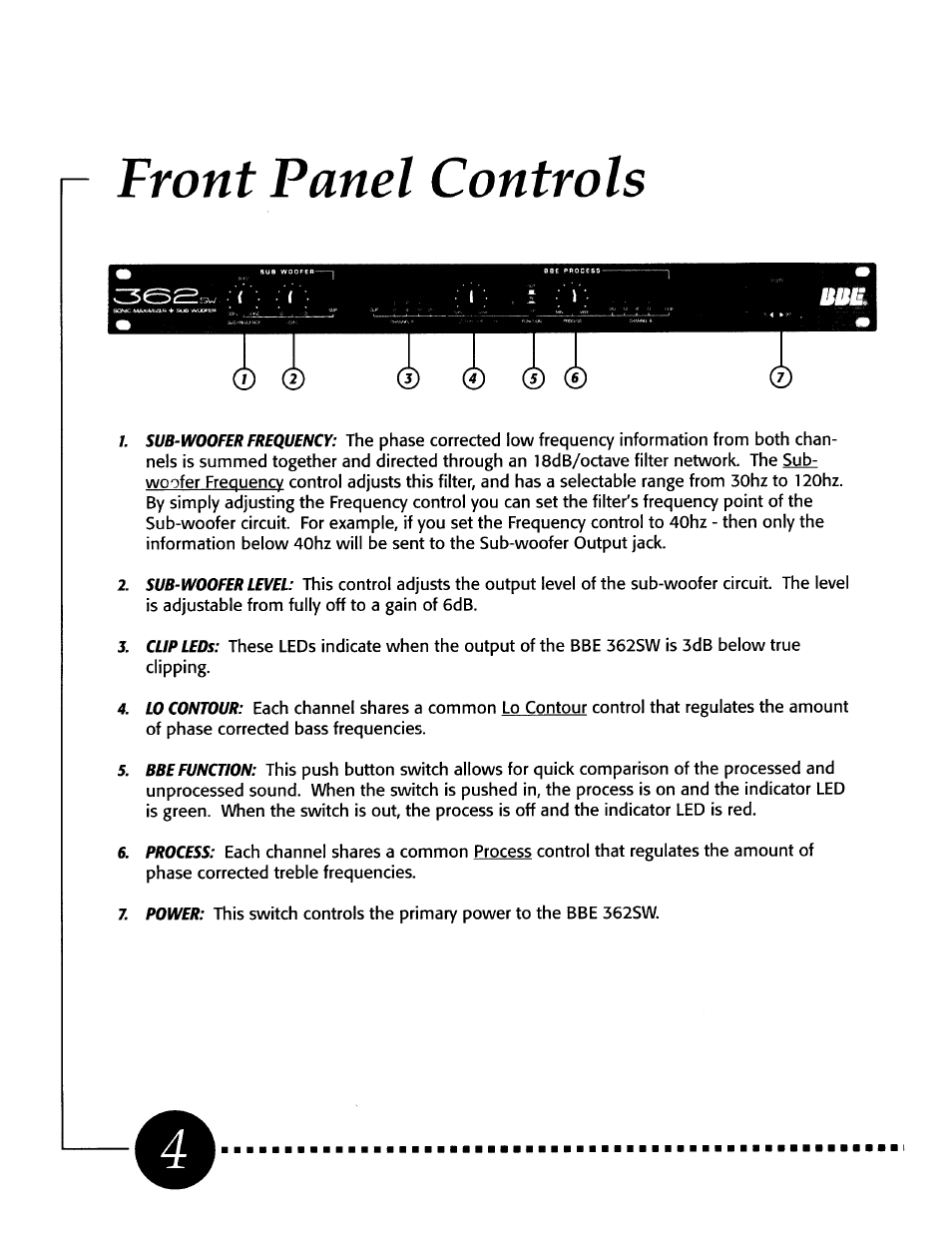 Front panel controls | BBE 362SW User Manual | Page 6 / 20