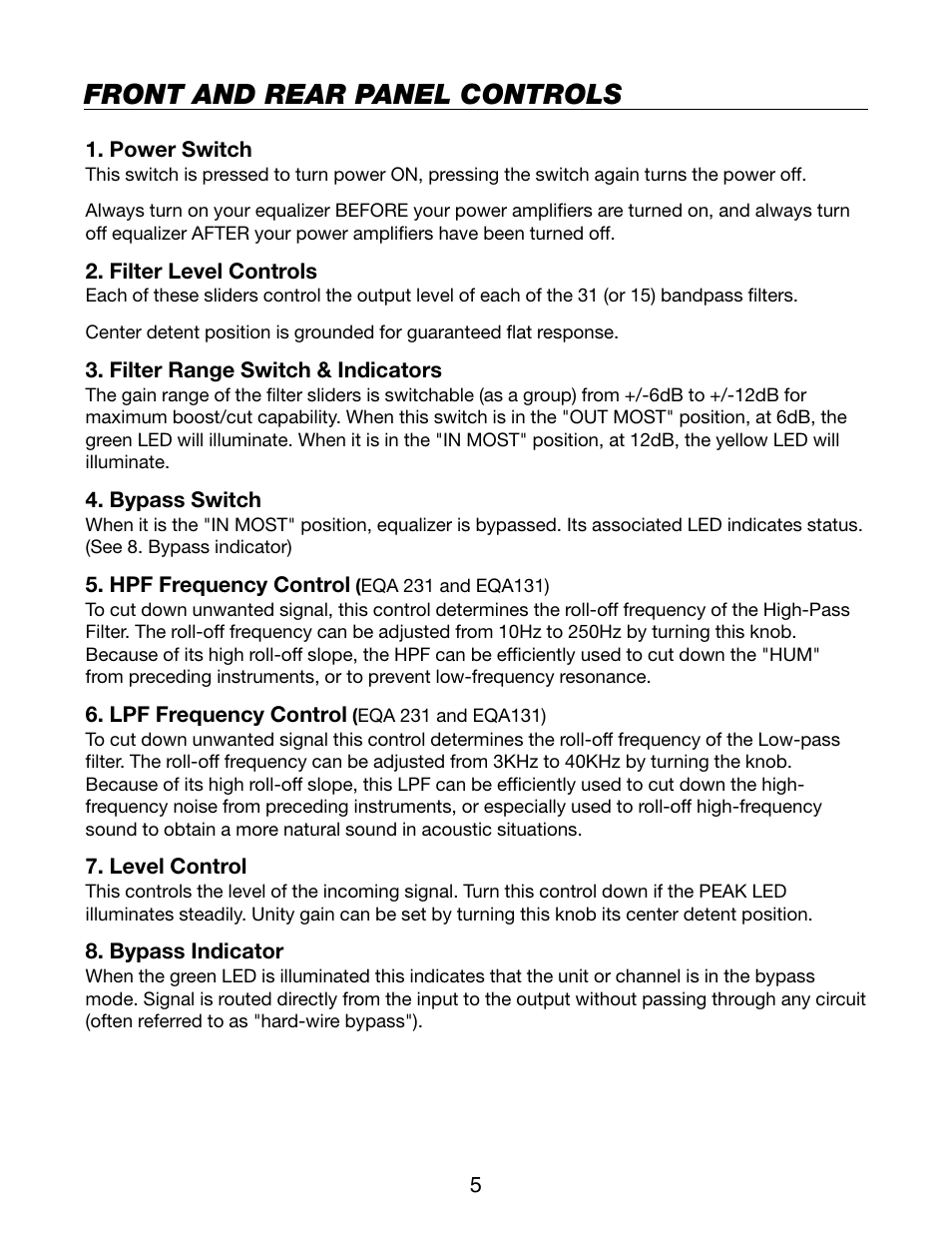 Front and rear panel controls | BBE EQA131 User Manual | Page 7 / 10