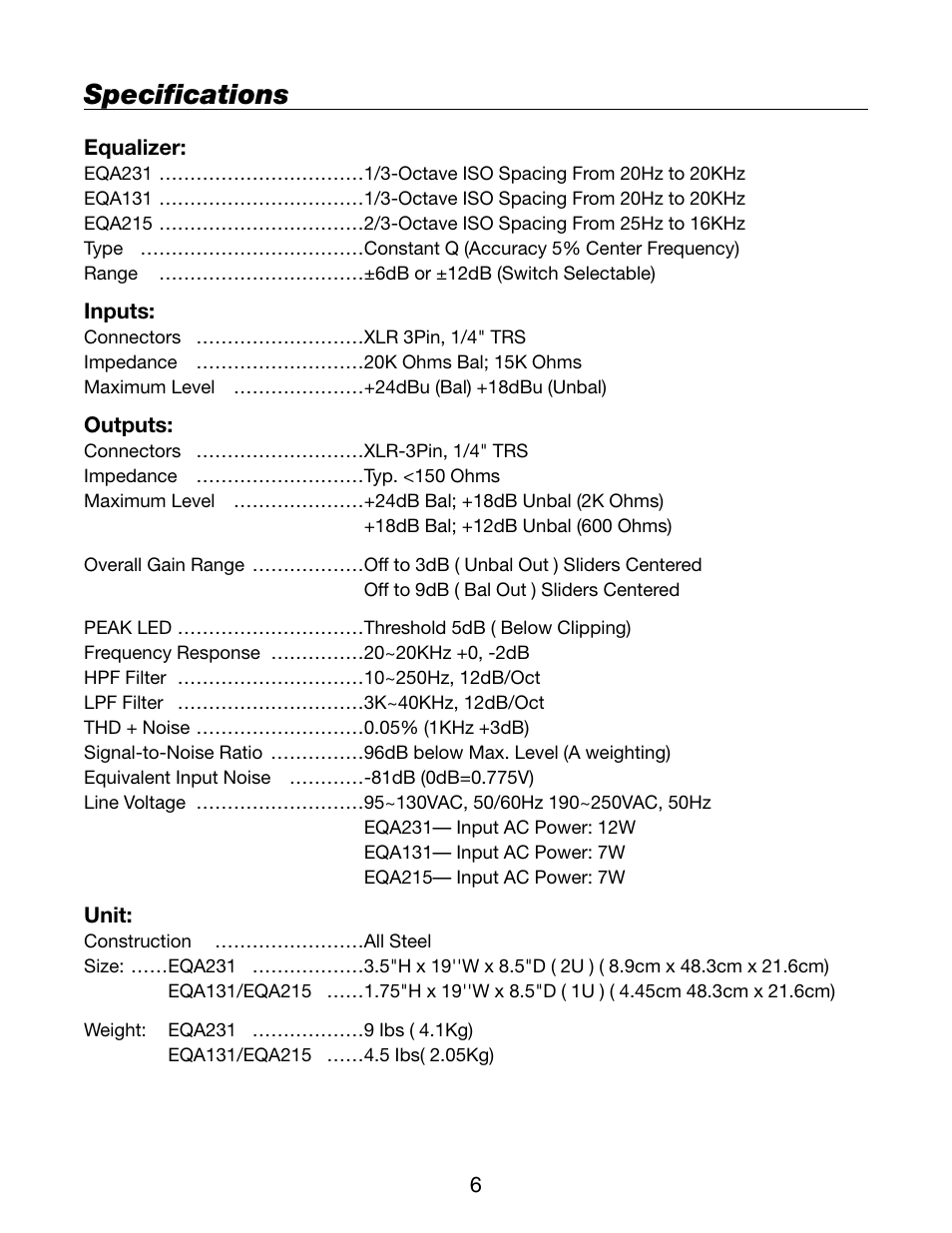 Specifications | BBE EQA131 User Manual | Page 8 / 10