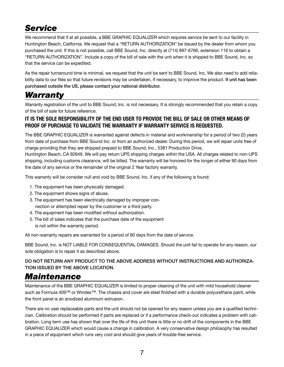 Service, Warranty, Maintenance | BBE EQA131 User Manual | Page 9 / 10