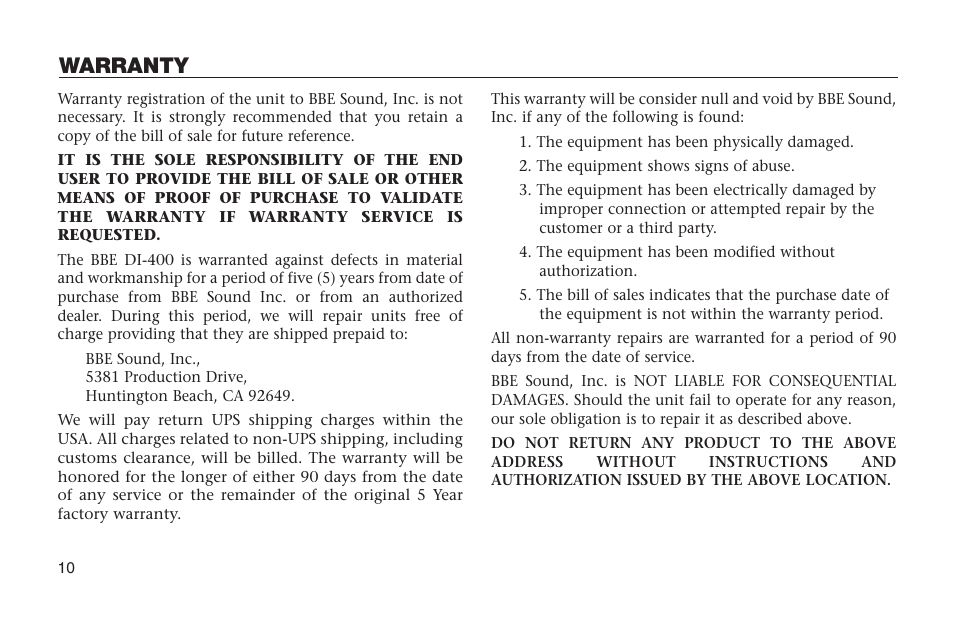 Warranty | BBE DI-400 User Manual | Page 10 / 12