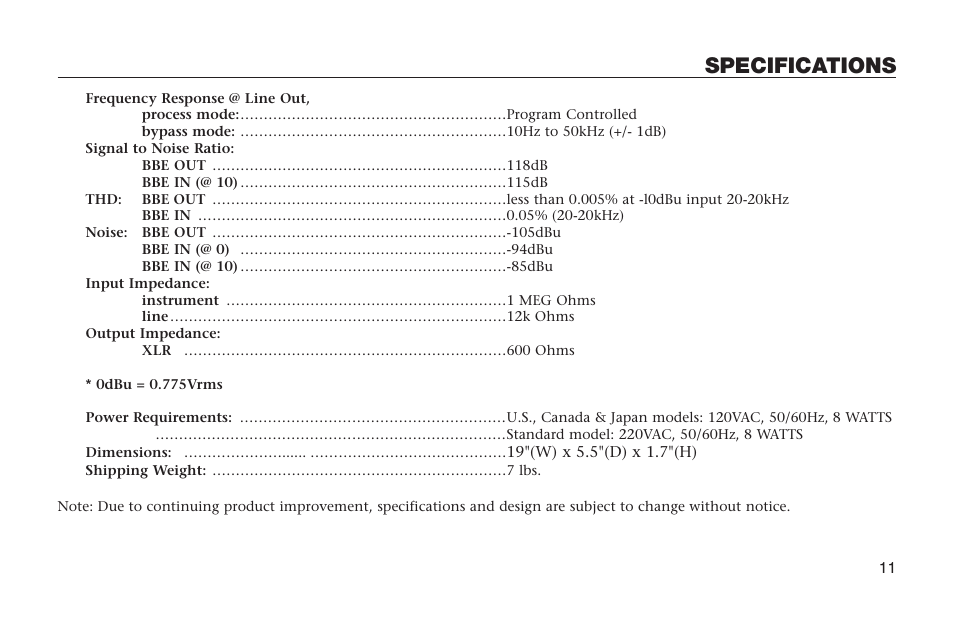 Specifications | BBE DI-400 User Manual | Page 11 / 12