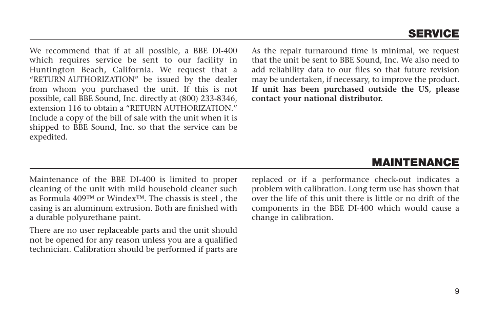 Service, Maintenance | BBE DI-400 User Manual | Page 9 / 12