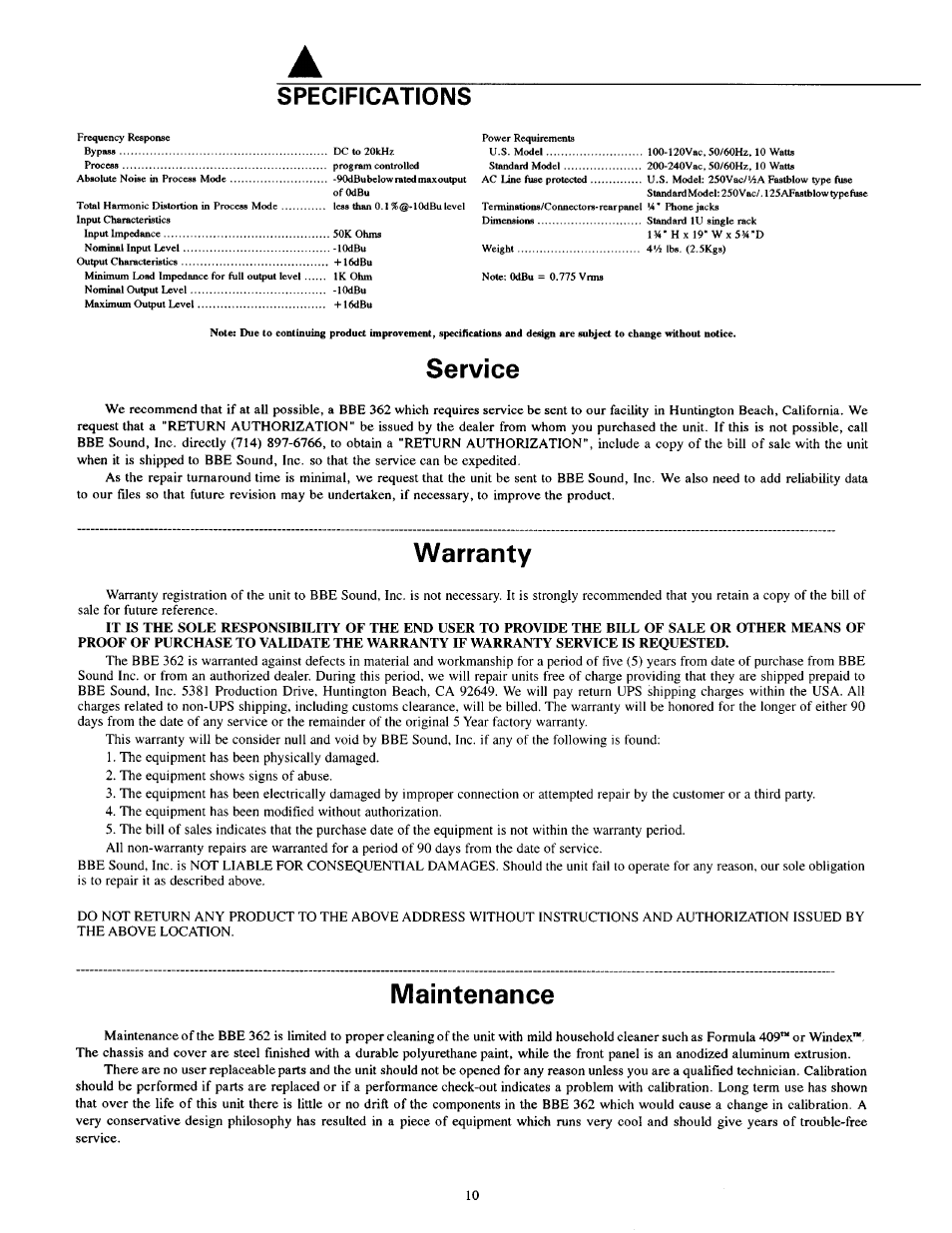 Service, Warranty, Maintenance | Specifications | BBE 362 User Manual | Page 12 / 16
