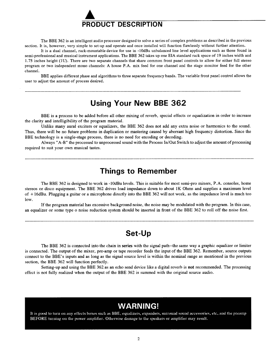 Product description, Using your new bbe 362, Things to remember | Set-up, Warning | BBE 362 User Manual | Page 4 / 16